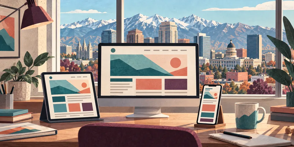 Illustrated responsive website screens before a Salt Lake City skyline and Wasatch mountain view