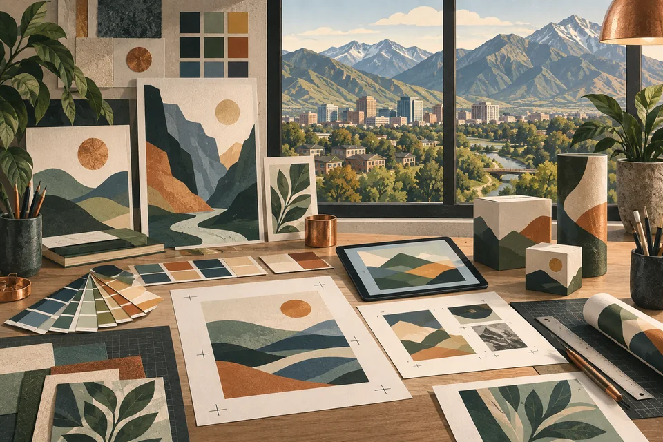 Conceptual graphic design materials overlooking a Sandy-inspired skyline and canyon landscape