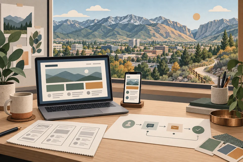 Conceptual responsive web design desk overlooking a Sandy-inspired city and Wasatch foothills