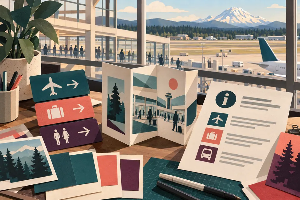 Illustrated unbranded visitor guides and wayfinding materials beside a generic airport terminal