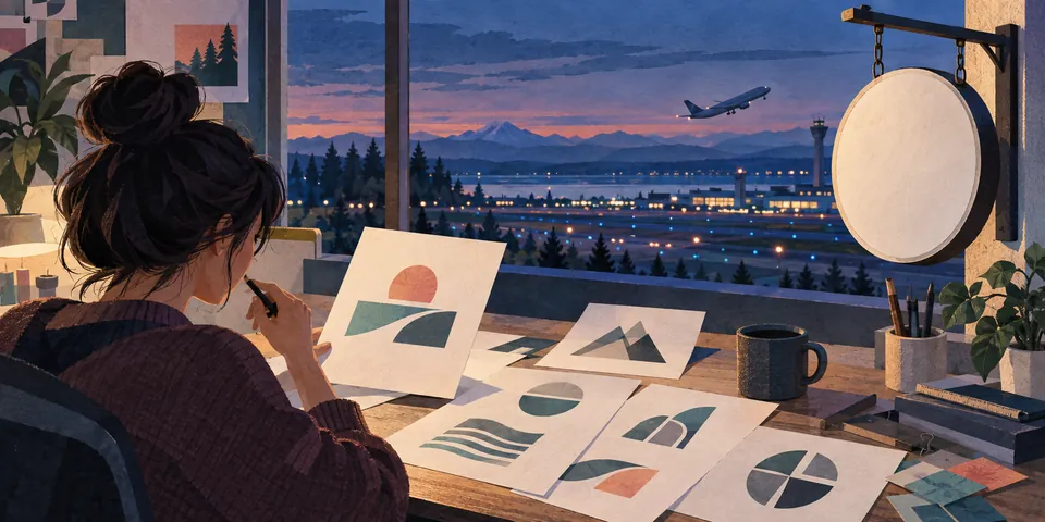 Illustrated designer reviewing abstract identity sketches with an aircraft departing beyond a runway