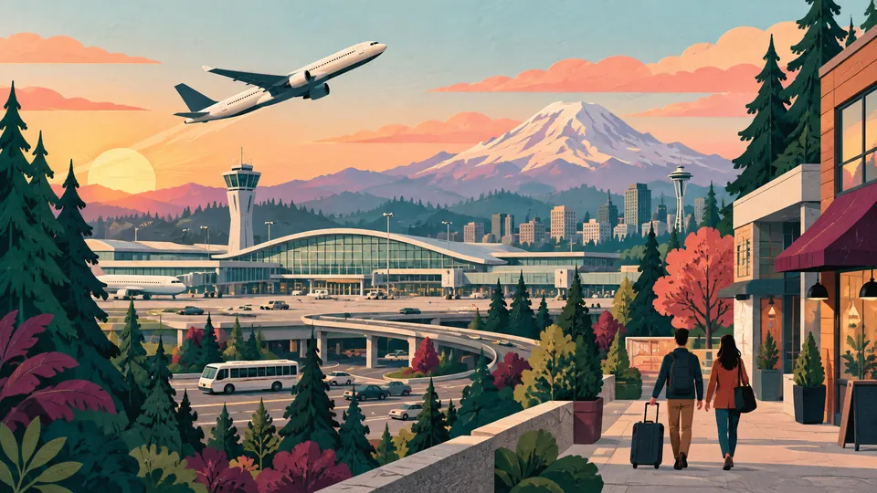 Illustrated unbranded passenger aircraft rising above a generic inland airport terminal, road and nearby storefront