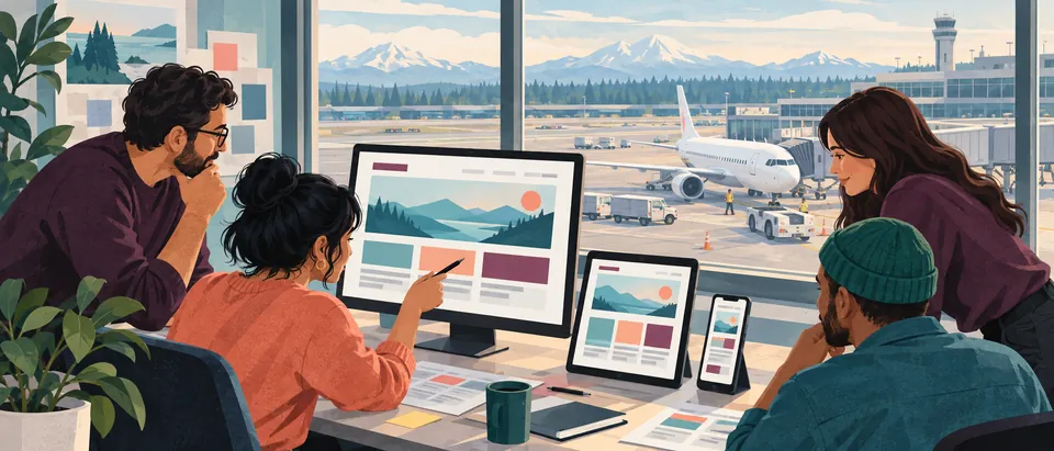 Illustrated team reviewing responsive website screens beside a generic airport apron