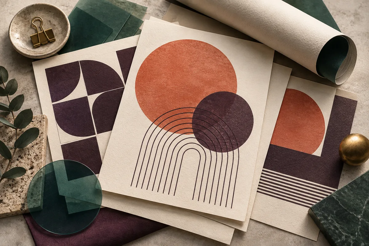Conceptual arrangement of geometric paper posters and color swatches
