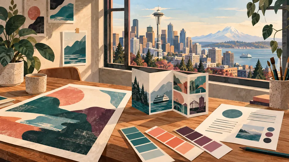 Illustrated graphic design materials beside a window overlooking the Space Needle and downtown Seattle