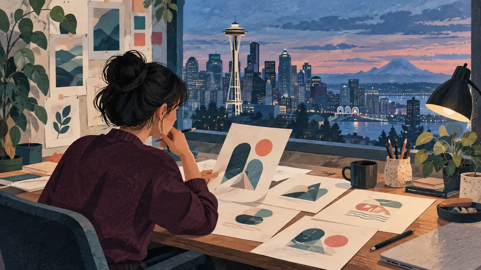 Illustrated identity sketches beside a window overlooking the Space Needle and downtown Seattle