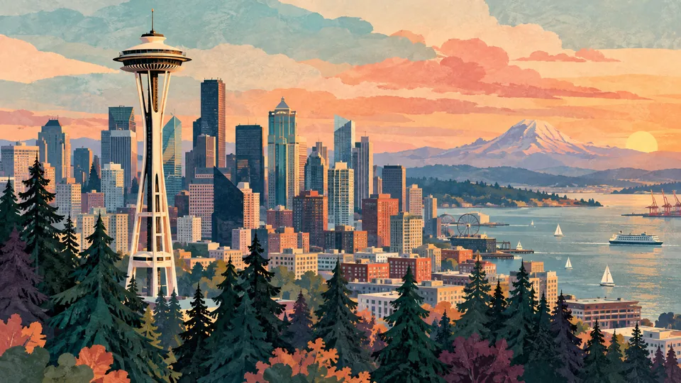 Original illustration of the Space Needle and downtown Seattle above trees and Elliott Bay