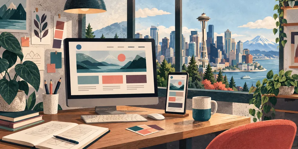 Illustrated design desk with responsive website screens and the Space Needle in the Seattle skyline
