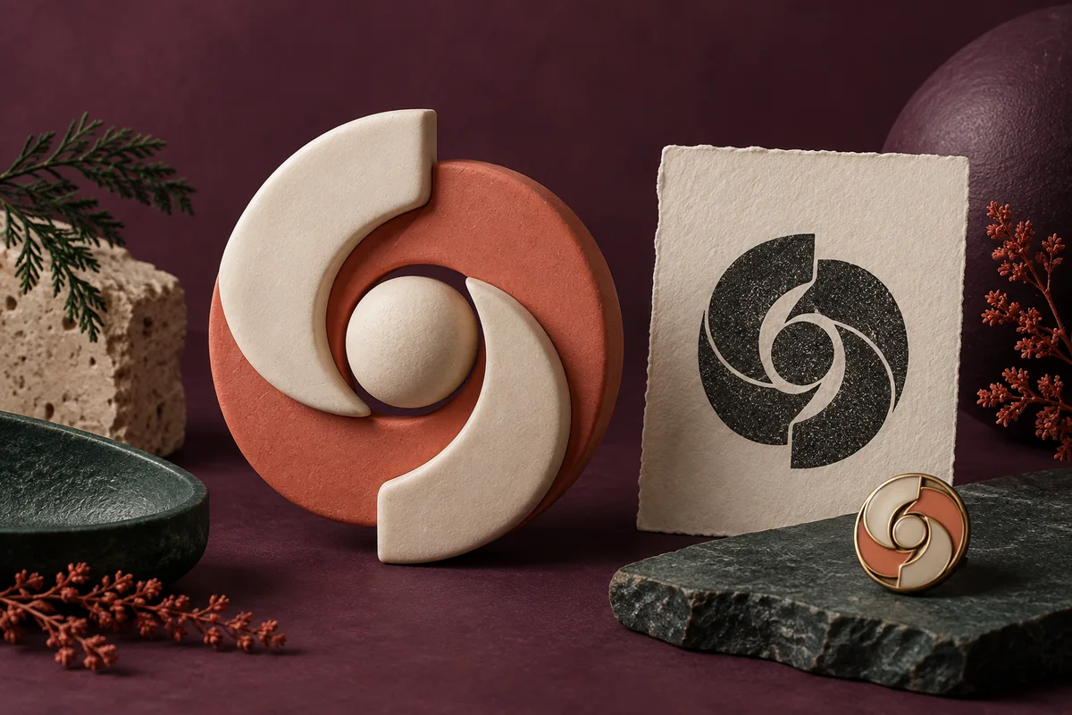 Conceptual geometric identity explored as a sculpture, ink impression, and pin