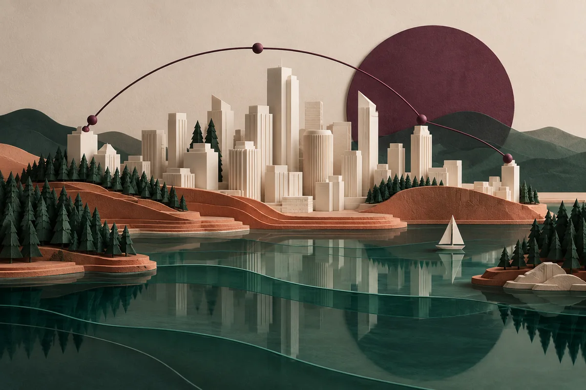 Conceptual paper city, forest, and water illustration inspired by the Pacific Northwest
