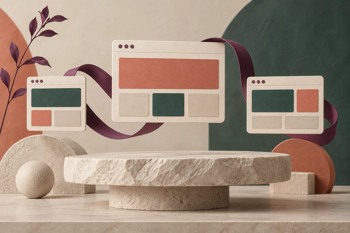 Conceptual browser frames of different sizes connected by a plum ribbon