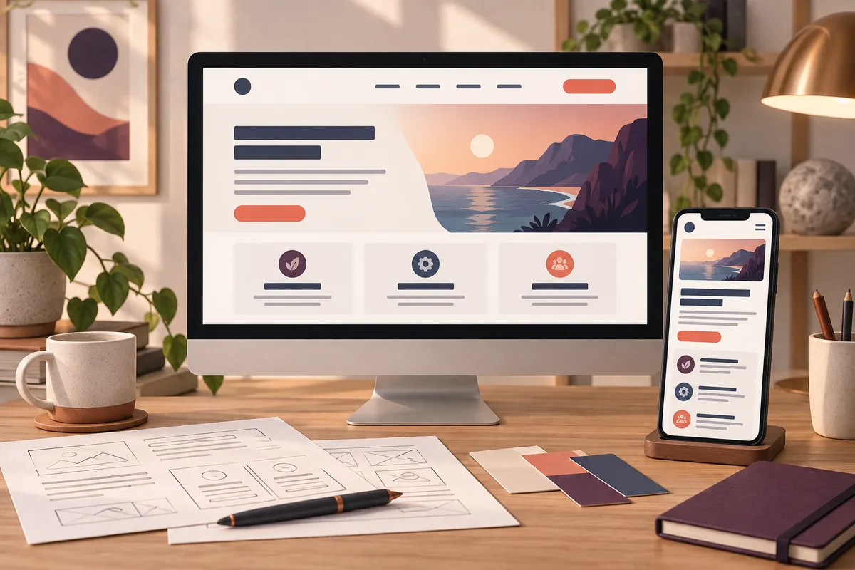 Conceptual responsive website on a desktop monitor and smartphone beside wireframe sketches and color swatches