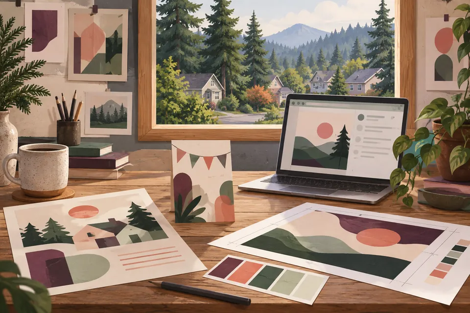 Conceptual graphic design materials beside a window overlooking fir trees