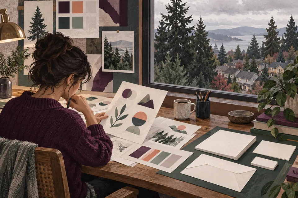 Conceptual identity sketches beside a window overlooking a wooded neighborhood