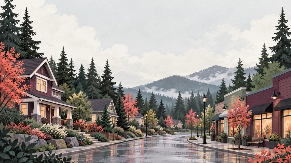Conceptual fir-lined neighborhood street with homes and small storefronts after rain