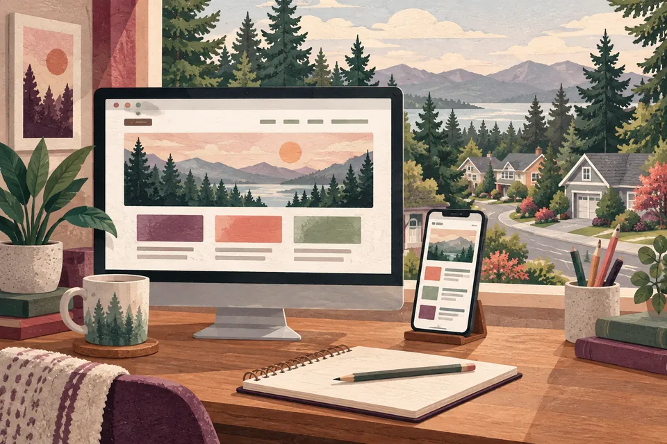 Conceptual website design desk overlooking a fir-lined neighborhood