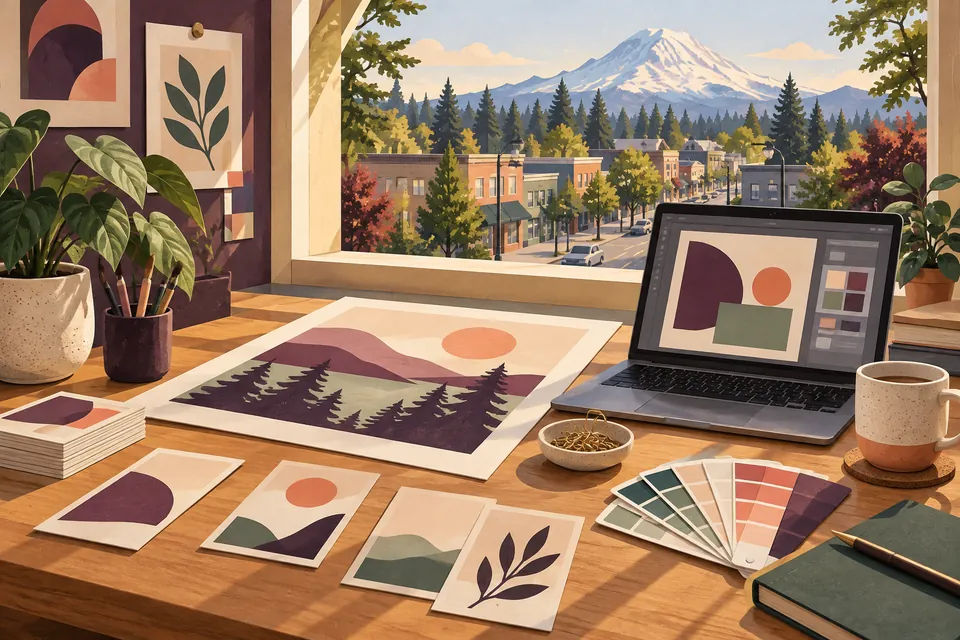 Conceptual graphic design materials overlooking a South Hill commercial street