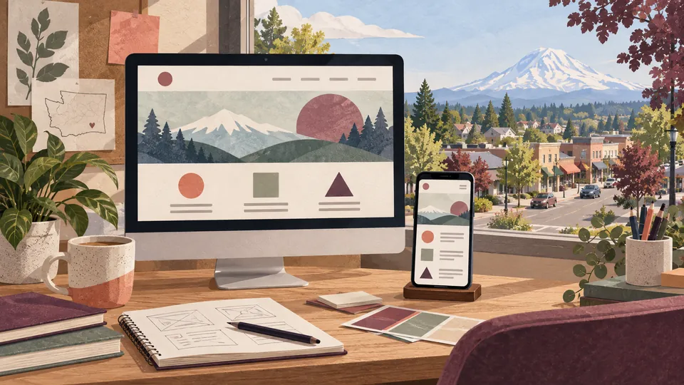 Conceptual responsive website design desk overlooking a South Hill neighborhood