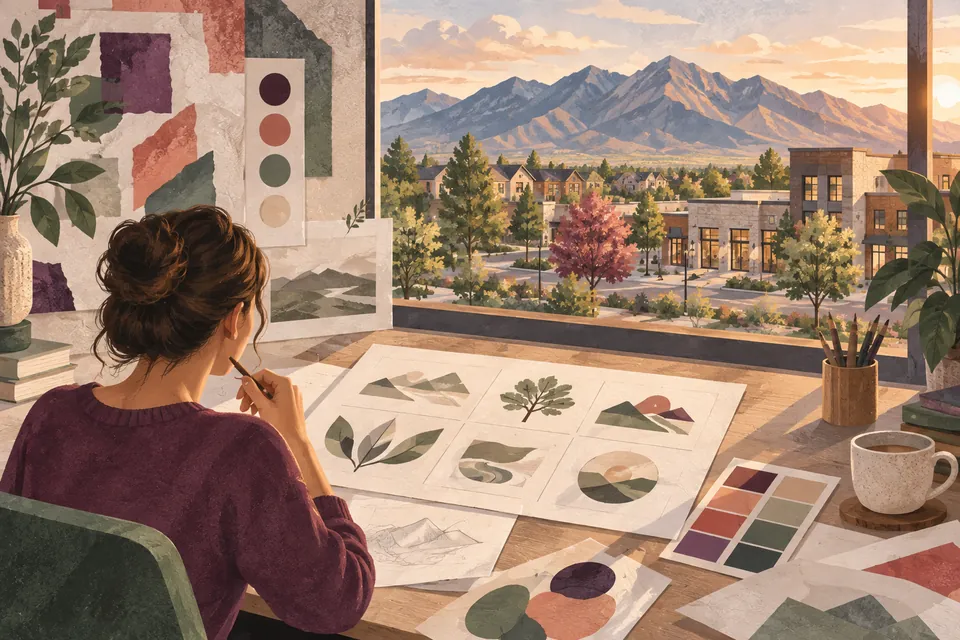 Conceptual identity sketches beside a window overlooking a South Jordan neighborhood