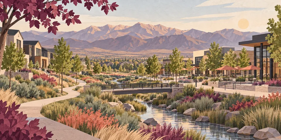 Conceptual South Jordan neighborhood and commercial setting with distant Oquirrh Mountains