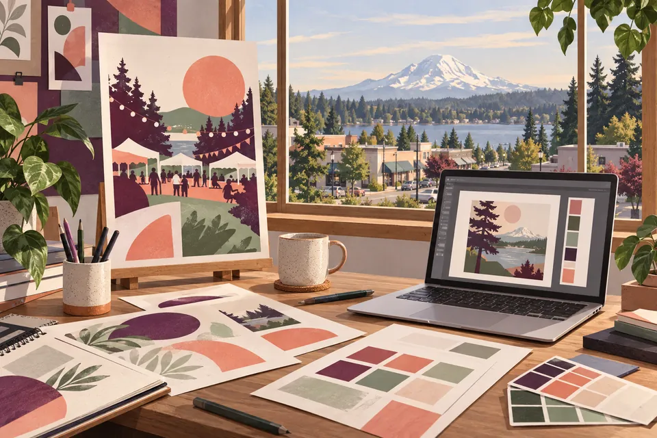 Conceptual graphic design materials overlooking a Spanaway neighborhood