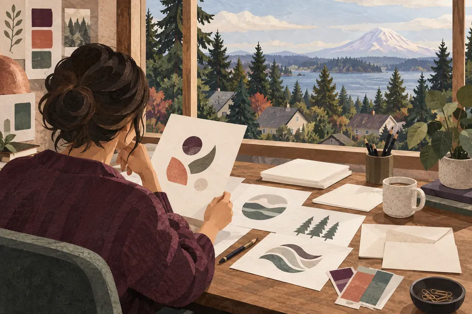 Conceptual identity sketches beside a window overlooking a Spanaway neighborhood