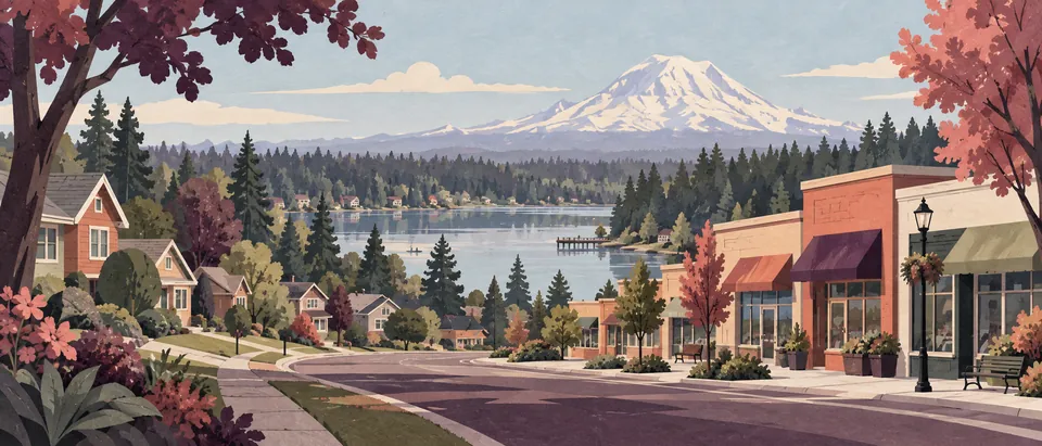 Conceptual Spanaway neighborhood, storefronts, lake and distant Mount Rainier