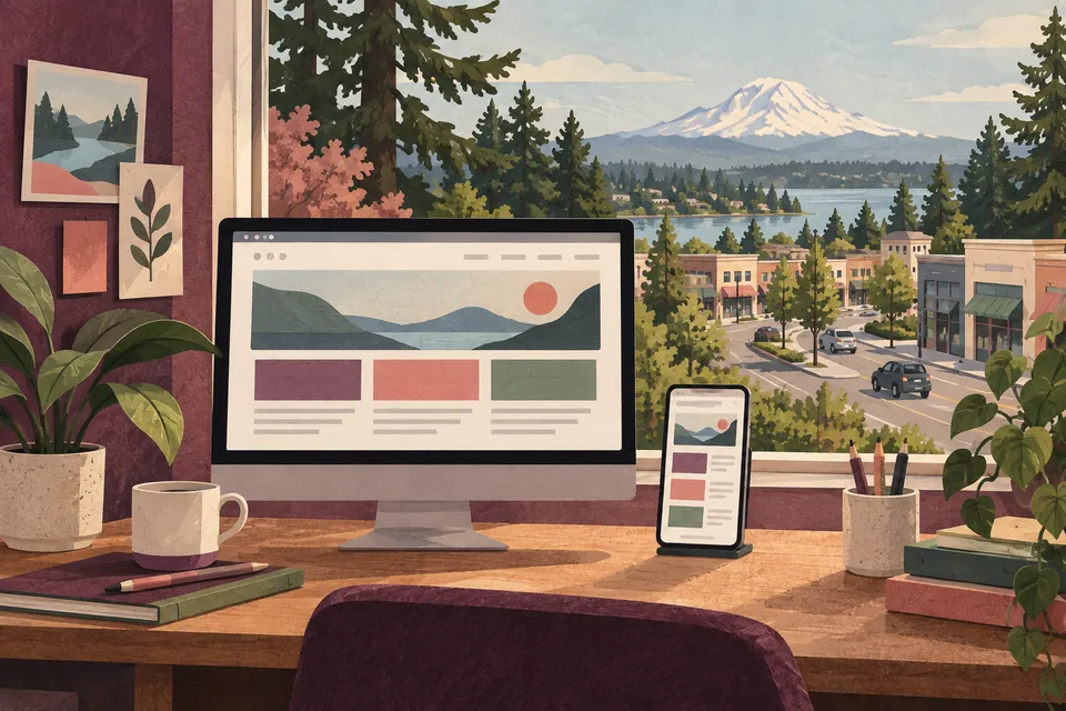 Conceptual responsive website design desk overlooking a Spanaway neighborhood