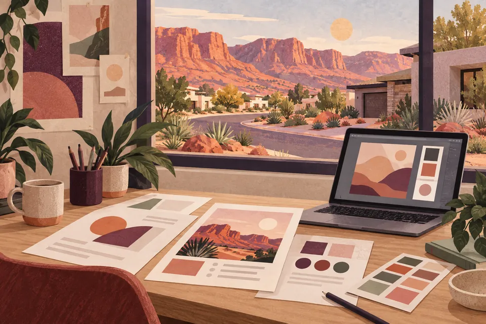 Conceptual graphic design materials overlooking a red rock St. George setting