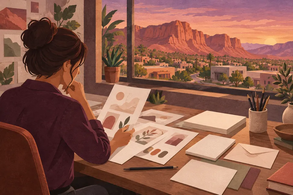 Conceptual identity sketches beside a window overlooking a St. George neighborhood