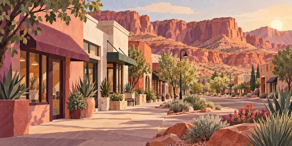 Conceptual St. George storefronts and desert landscaping below red sandstone cliffs