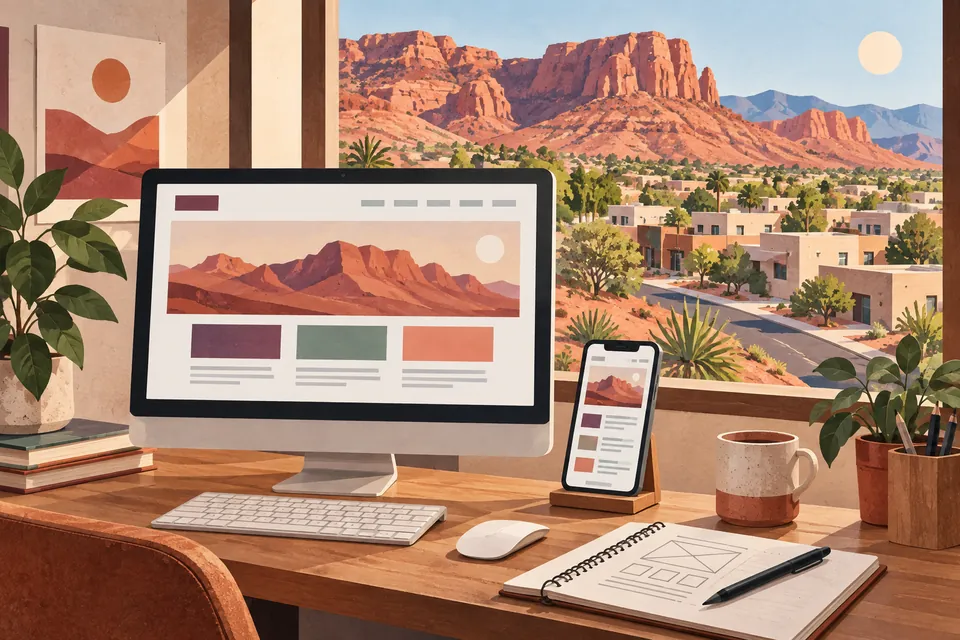 Conceptual responsive website design desk overlooking a St. George neighborhood