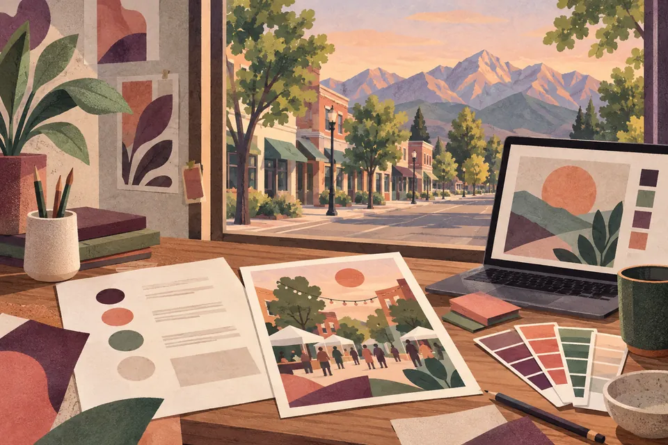 Conceptual graphic design materials overlooking a Sunset neighborhood