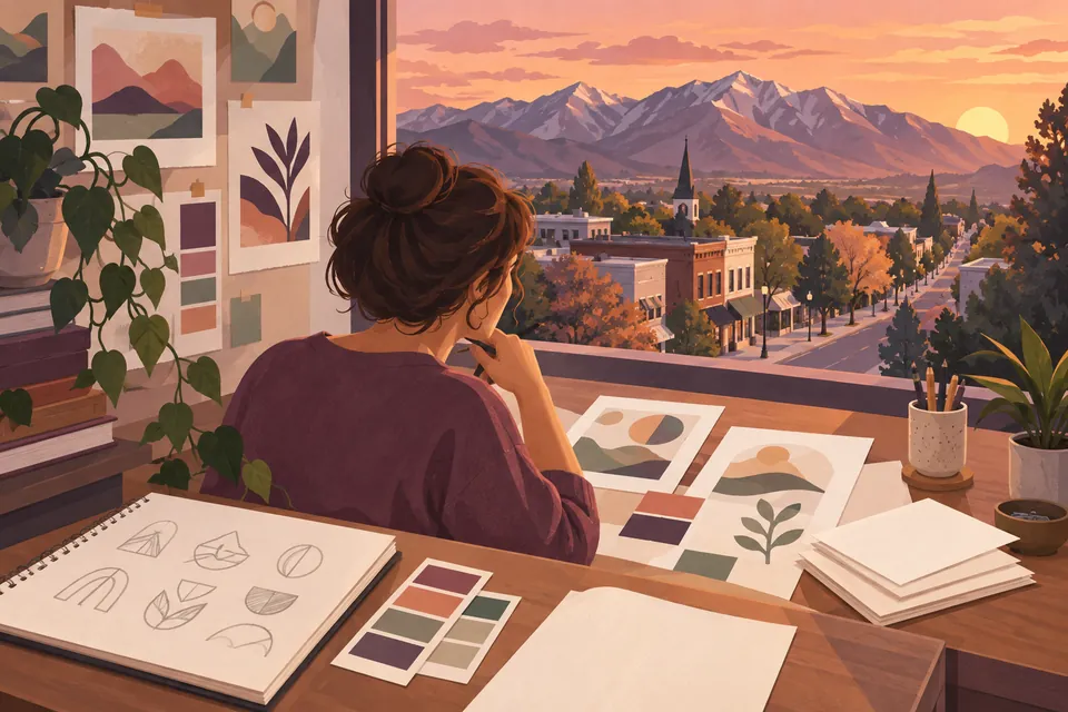 Conceptual identity sketches beside a window overlooking a Sunset neighborhood