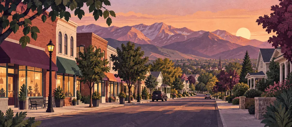 Conceptual Sunset storefronts and homes with distant Wasatch Mountains at sunset