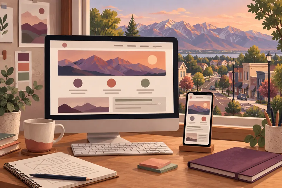 Conceptual responsive website design desk overlooking a Sunset neighborhood