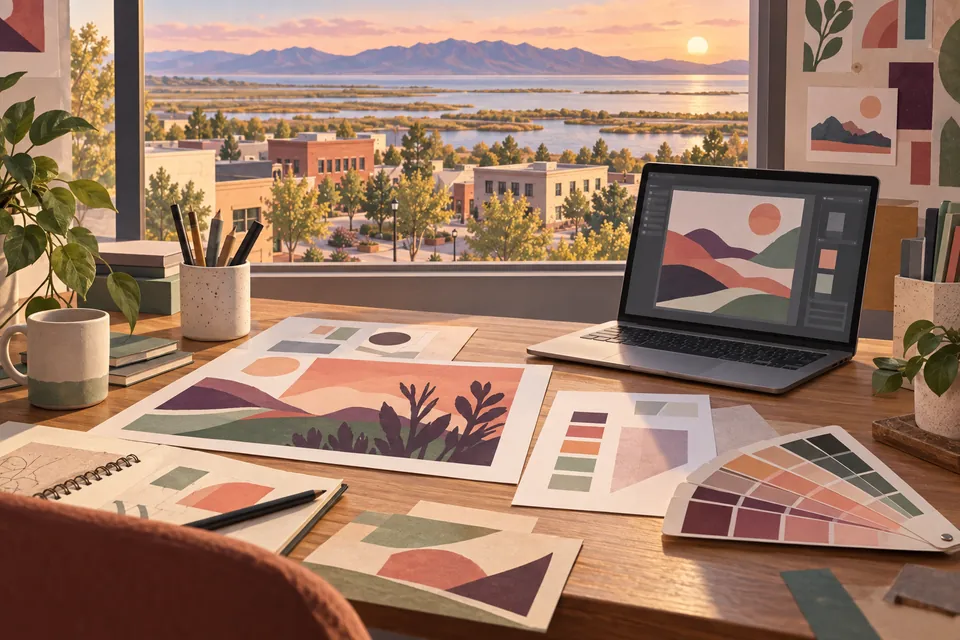 Conceptual graphic design materials overlooking a Syracuse neighborhood