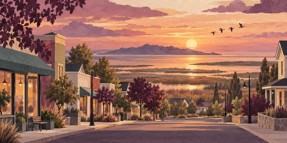 Conceptual Syracuse neighborhood, storefronts and Great Salt Lake wetlands at sunset