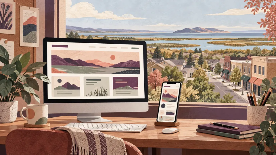 Conceptual responsive website design desk overlooking a Syracuse neighborhood