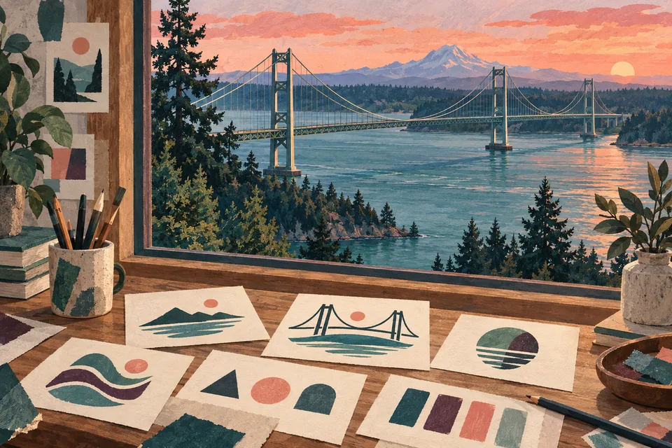 Conceptual identity sketches with Tacoma Narrows suspension bridge beyond
