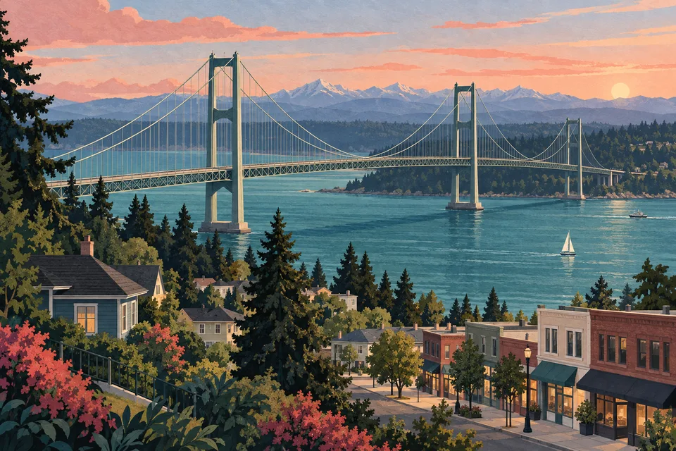 Conceptual Tacoma neighborhood and Tacoma Narrows suspension bridge at sunset