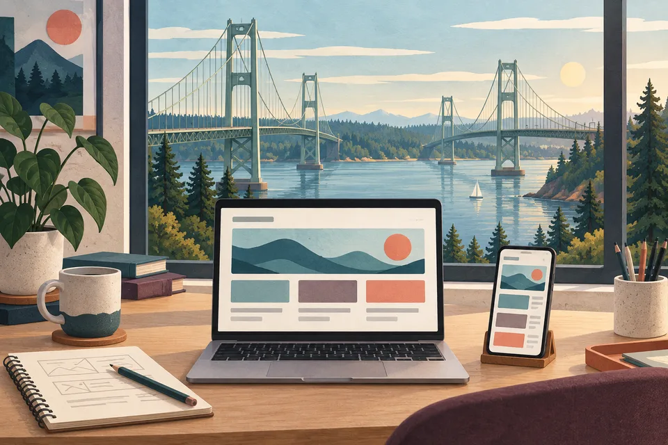 Conceptual web design desk with Tacoma Narrows suspension bridge beyond