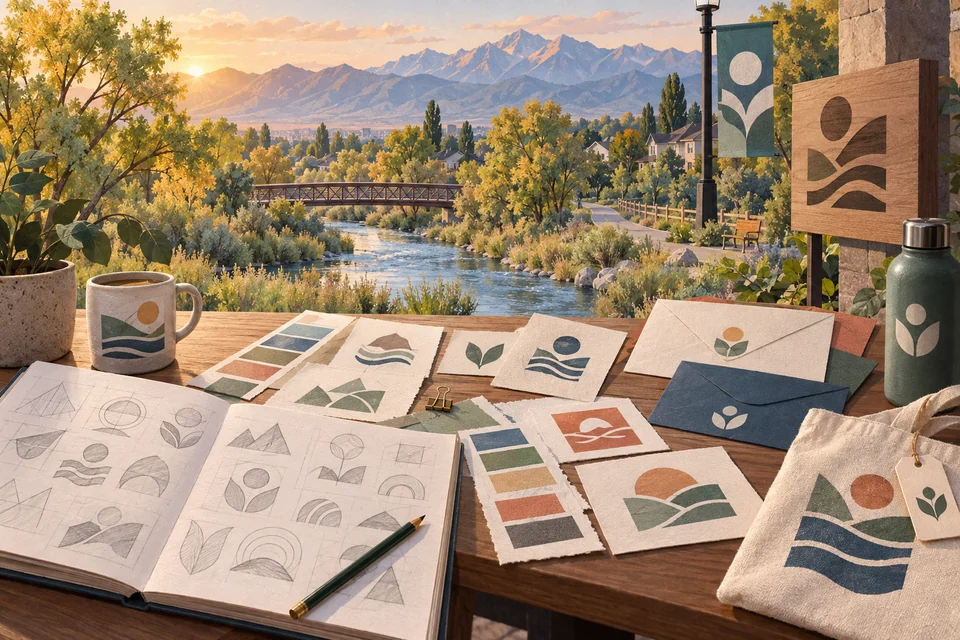Conceptual identity sketches beside a Taylorsville-inspired river and mountain landscape