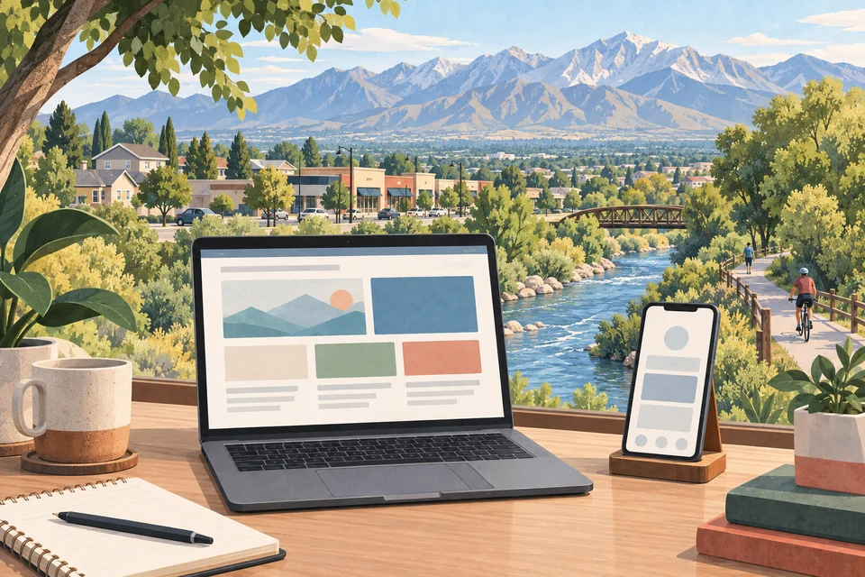 Conceptual responsive web design desk overlooking a Taylorsville-inspired river corridor