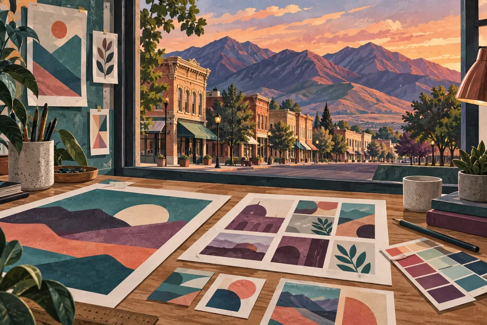 Conceptual graphic design materials overlooking Tooele Main Street and the Oquirrh Mountains