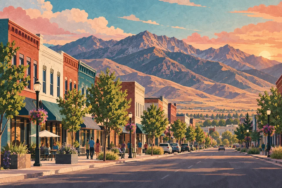 Conceptual Tooele Main Street beneath the Oquirrh Mountains at sunset