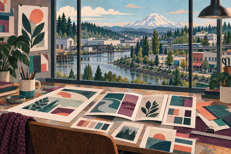 Conceptual graphic design materials overlooking Tukwila river and urban districts