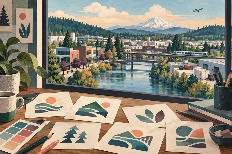 Conceptual identity sketches overlooking Tukwila river and urban districts