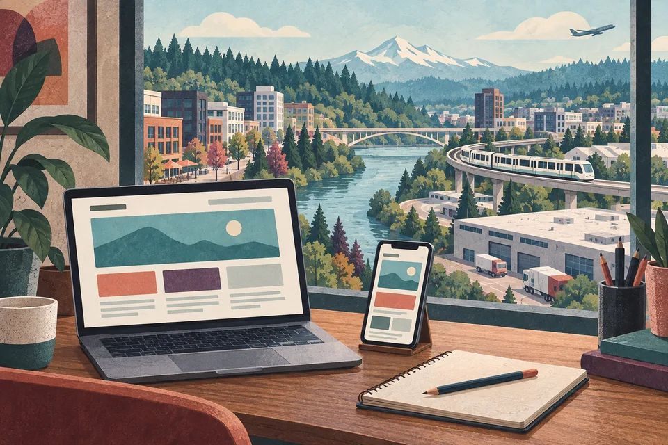 Conceptual web design desk overlooking Tukwila river and urban districts