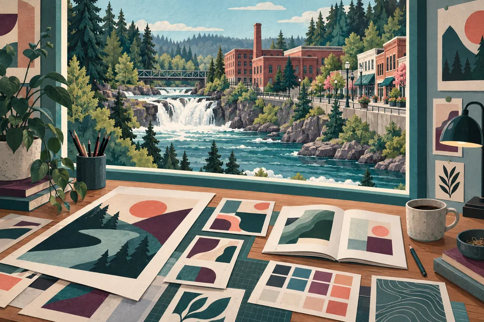 Conceptual graphic design materials overlooking a Tumwater river and historic district